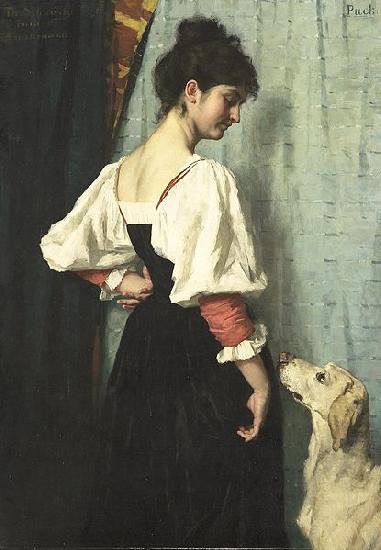 Therese Schwartze Young Italian woman with a dog called Puck. china oil painting image